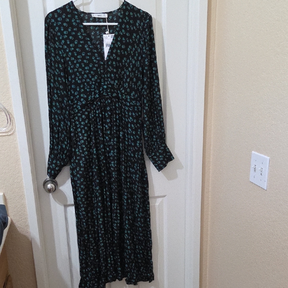 Mango Black and Teal Floral Long Sleeve Dress